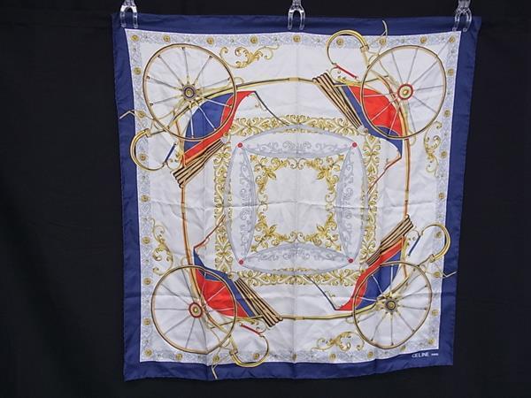■美品■ CELINE セリーヌ シルク100% 総柄 大判 スカーフ ストール ショール レディース ネイビー系×マルチカラー DJ5489拍卖