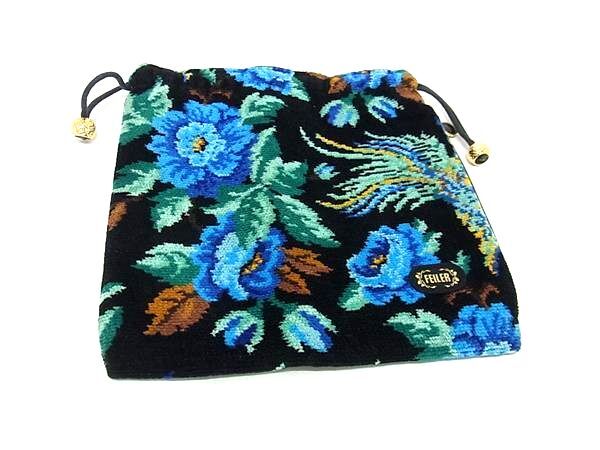 ■極美品■ FEILER フェイラー パイル フラワー 花柄 巾着袋 ポーチ マルチケース 小物入れ レディース ブラック系 DH0209拍卖