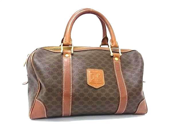 1円 CELINE セリーヌ マカダム柄 PVC×レザー ハンドバッグ ボストンバッグ レディース ブラウン系 BP6457拍卖