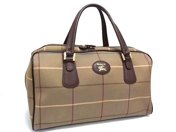 1円 Burberrys バーバリーズ キャンバス チェック柄 ハンドバッグ トートバッグ ボストンバッグ メンズ レディース ブラウン系 FQ3336拍卖