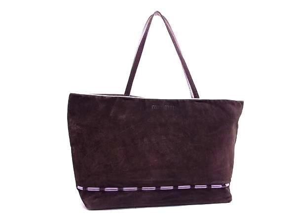 1円 miumiu ミュウミュウ スエード×レザー リボン トート ショルダーバッグ ハンドバッグ 肩掛けかばん ブラウン系×パープル系 FQ3352拍卖