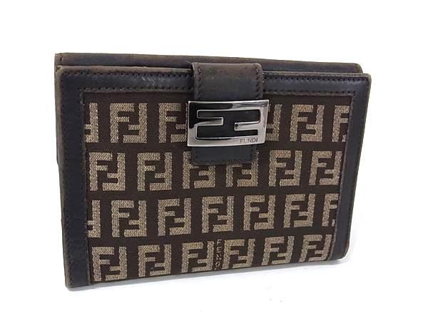 1円 FENDI フェンディ ズッカ柄 ズッキーノ レザー×キャンバス 二つ折り 財布 ウォレット 札入れ 小銭入れ カード入れ ブラウン系 FQ3140拍卖