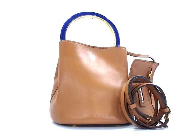 1円 ■美品■ MARNI マルニ パニエ レザー 2WAY クロスボディ ハンドバッグ ショルダー 斜め掛け 肩掛け レディース ブラウン系 FP7034拍卖