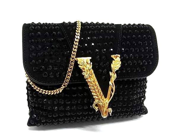 1円 VERSACE ヴェルサーチ ヴィルトゥス スエード スタッズ クロスボディ ショルダーバッグ 斜め掛けかばん レディース ブラック系 FP7223拍卖