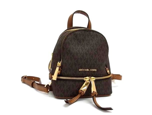 1円 ■極美品■ MICHAEL KORS マイケルコース MK柄 PVC×レザー ミニ リュックサック バックパック レディース ブラウン系 FU6364拍卖