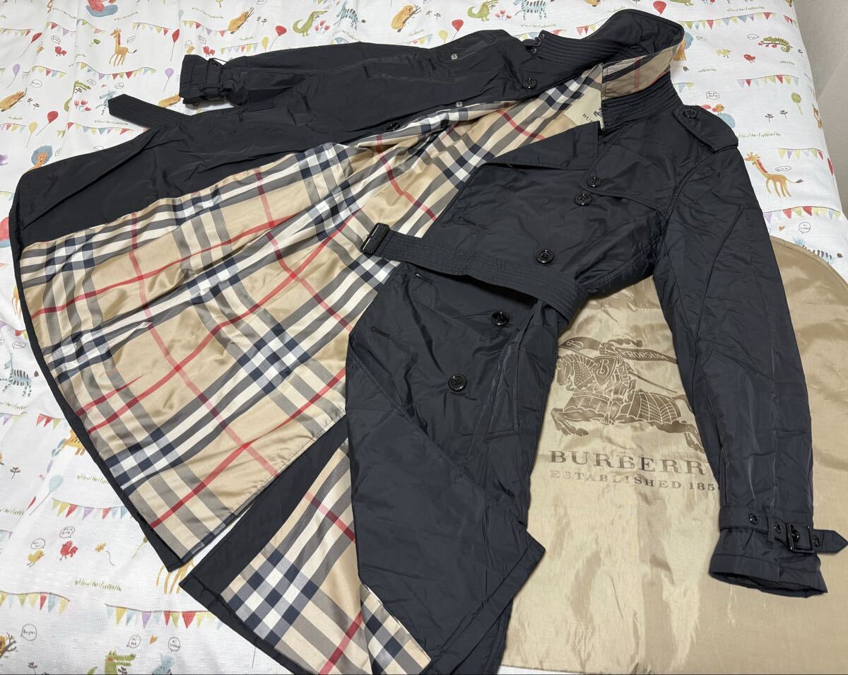 26万★美品シルクライクナイロン中綿ダウンロードベルト付きロングトレンチコート春秋冬物バーバリーロンドンBurberryレディース165 42LL黒拍卖