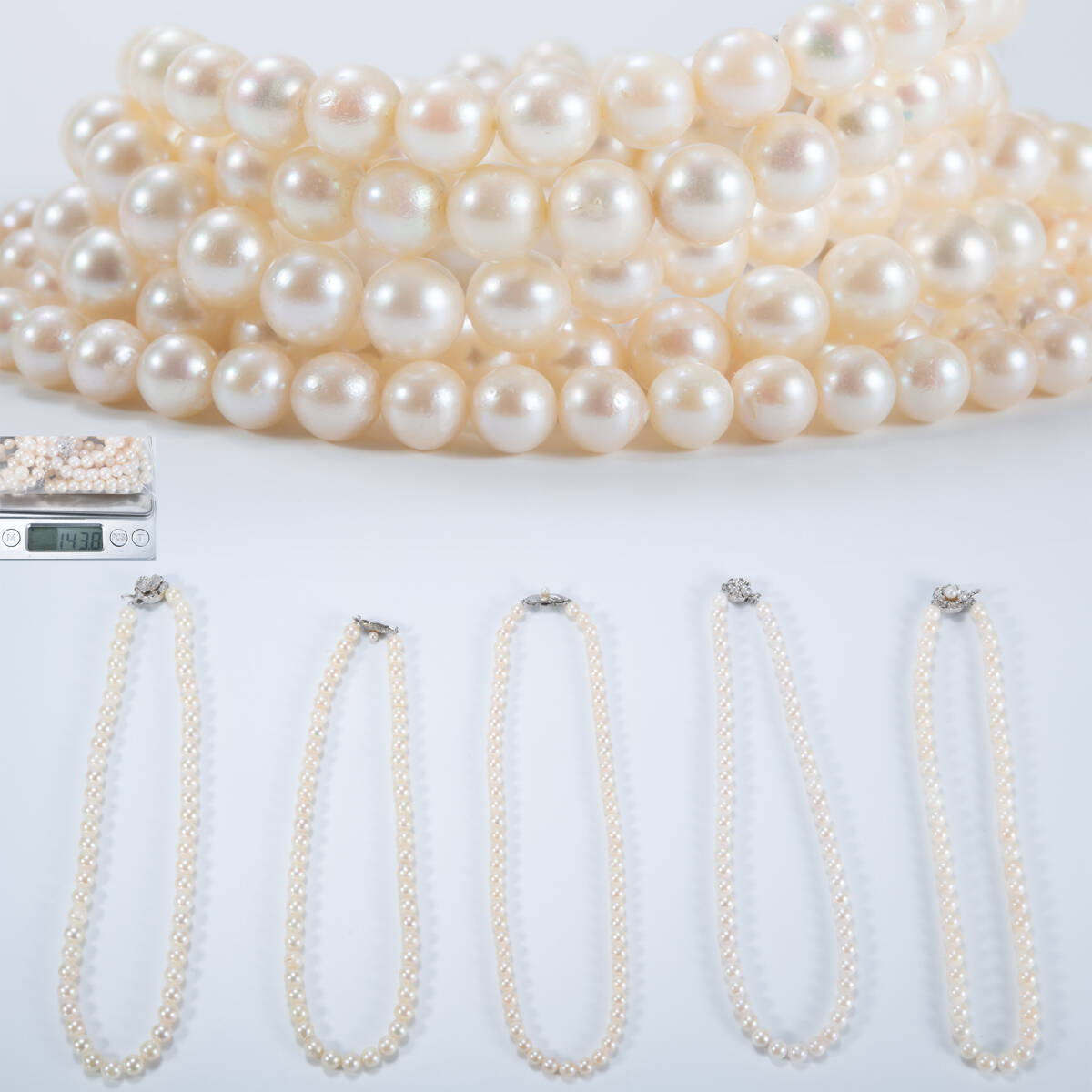 本真珠・アコヤ真珠・パールネックレス・シルバー・silver刻印・5点まとめ売り143.8g・7.3mm 7.2mm 6.8mm 6.8mm 5.8mm・ J044507拍卖