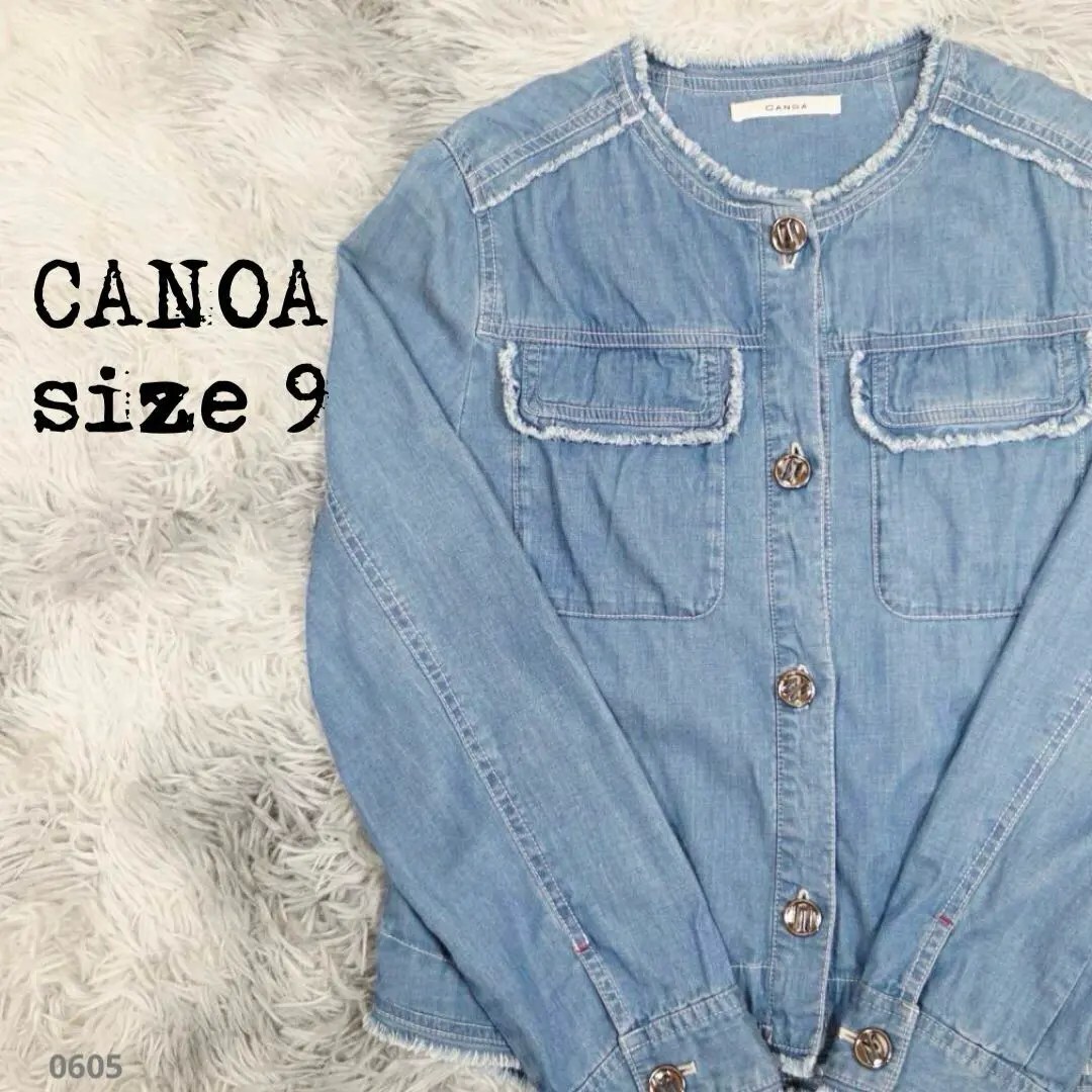 CANOA カノア フリンジ デニムジャケット ノーカラー ブルー 0605拍卖