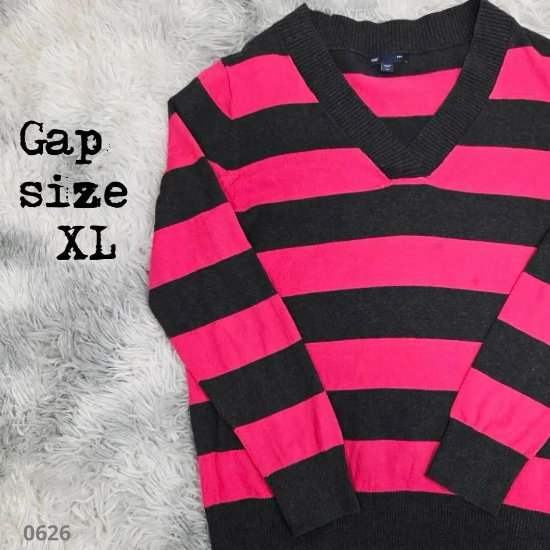 Gap ギャップ ボーダー Vネック ニット ピンク×ブラック XL 0626拍卖