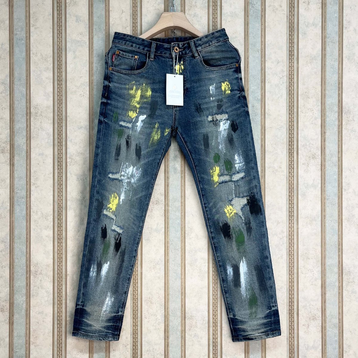 個性 定価4万 FRANKLIN MUSK・アメリカ・ニューヨーク発 デニムパンツ 綿混 上質 ペイント ダメージ ロング丈 ストリート ズボン サイズ32拍卖