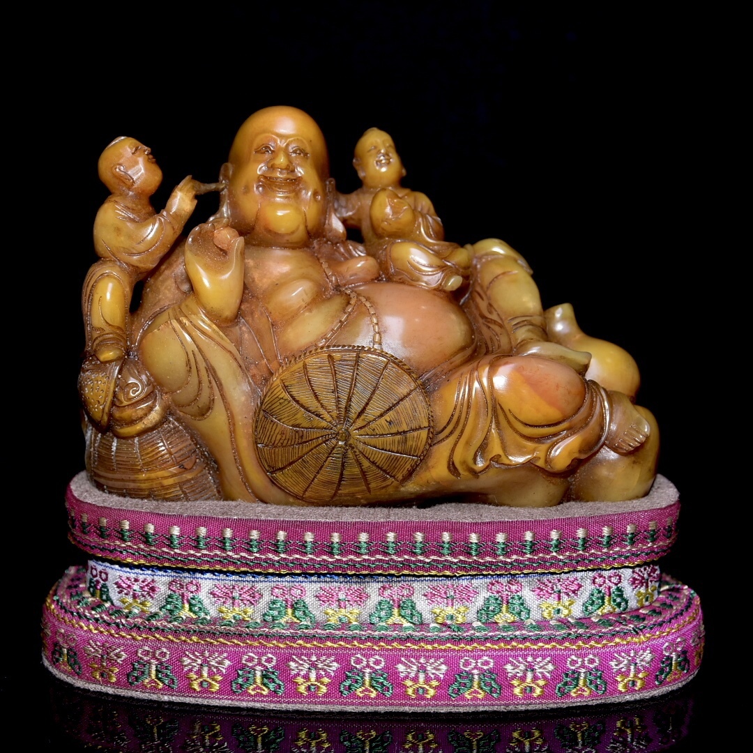 中国古美術■清代時期 玉セン作 壽山田黄石 童子鬧彌勒 佛像 手彫 極細工の古置物擺件の古賞物の古美味の唐物の古董品の 拍卖