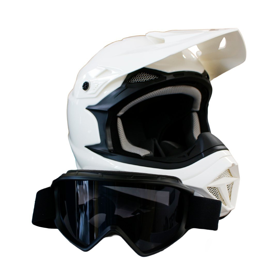 【2週間以内発送】(ソリッドホワイト/L) 軽量 オフロードヘルメット & ゴーグルセットPSC ・ SGマーク / MFJ 公認 レーシング かっこいい拍卖