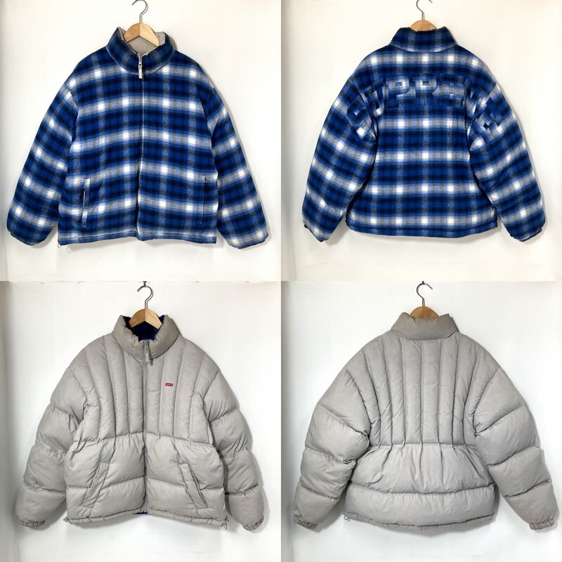 Supreme シュプリーム ダウンジャケット Flannel Reversible Puffer Jacket リバーシブル 防寒 メンズ Mサイズ ブルー アウター A15225◆拍卖