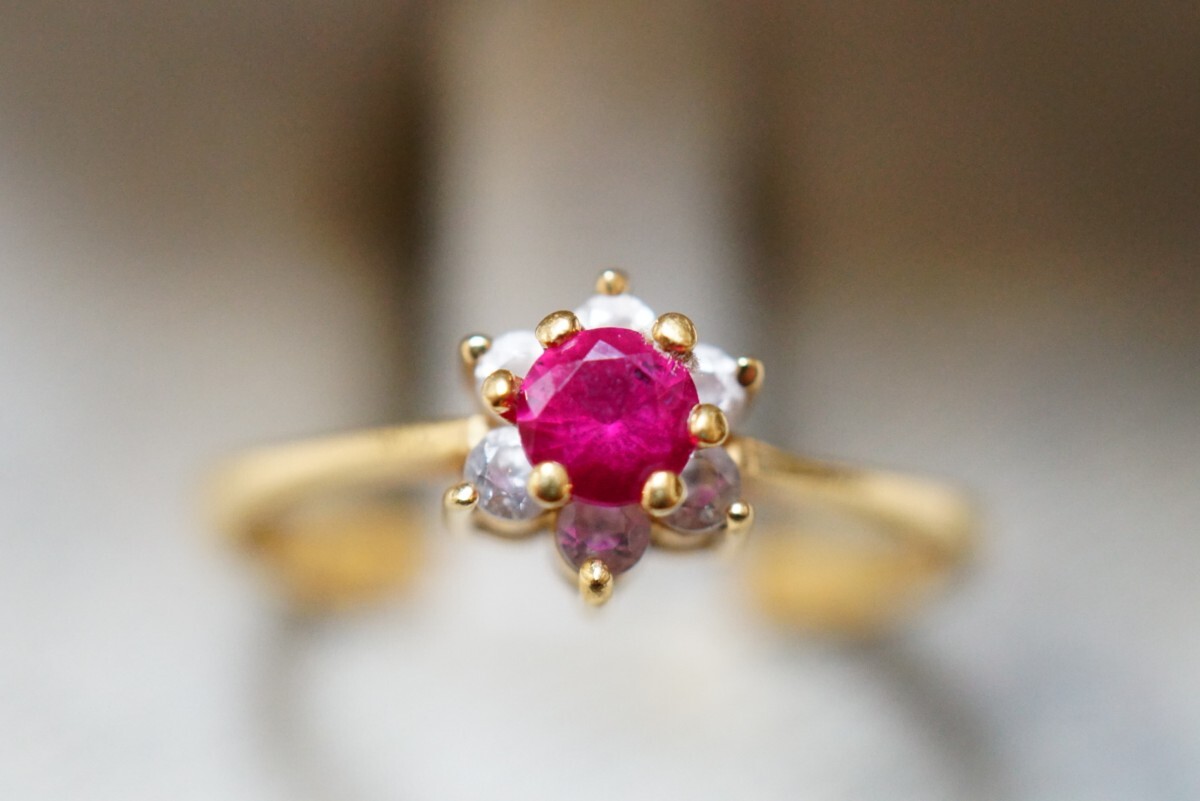 710 ルビー ゴールドカラー リング 指輪 ヴィンテージ アクセサリー 18KGP刻印 メッキ 天然石 色石 宝石 カラーストーン 装飾品拍卖