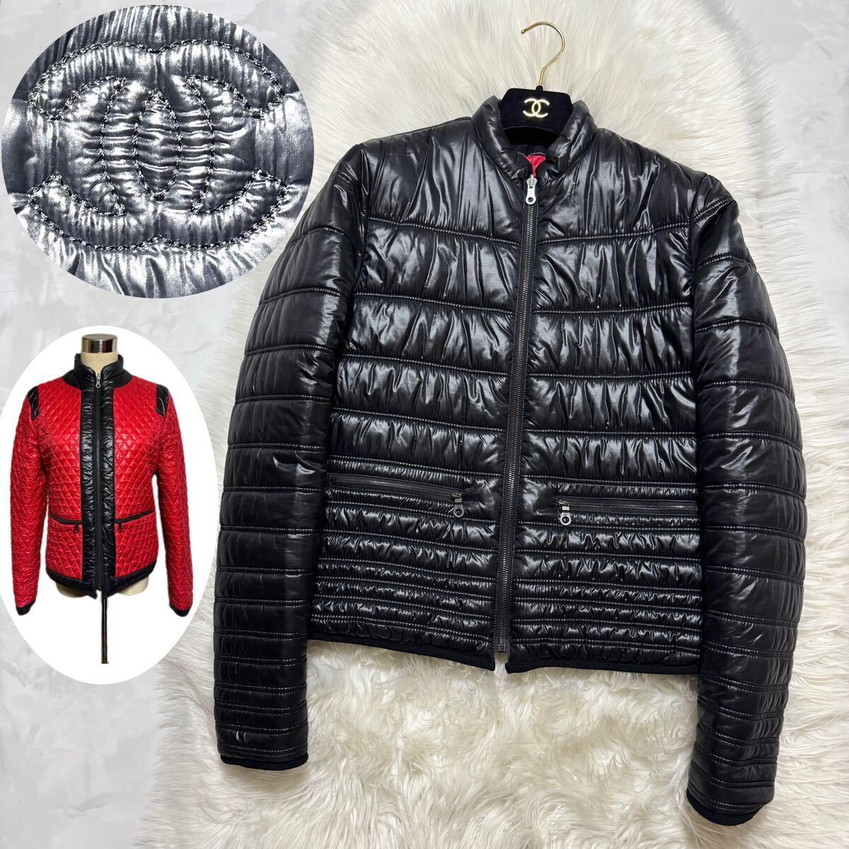 本物 美品 シャネル COCO マトラッセ キルティング リバーシブル 中綿 ナイロン ジャケット 黒 赤 38 CHANEL拍卖