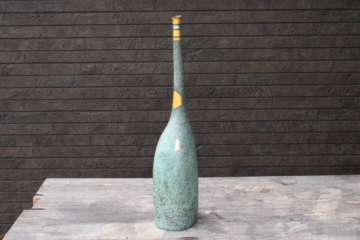 □■大型h59cm!ブロンズオブジェ 青銅鶴首花器 金銀彩結晶地紋 1974 作家刻印在り インテリアに■□拍卖