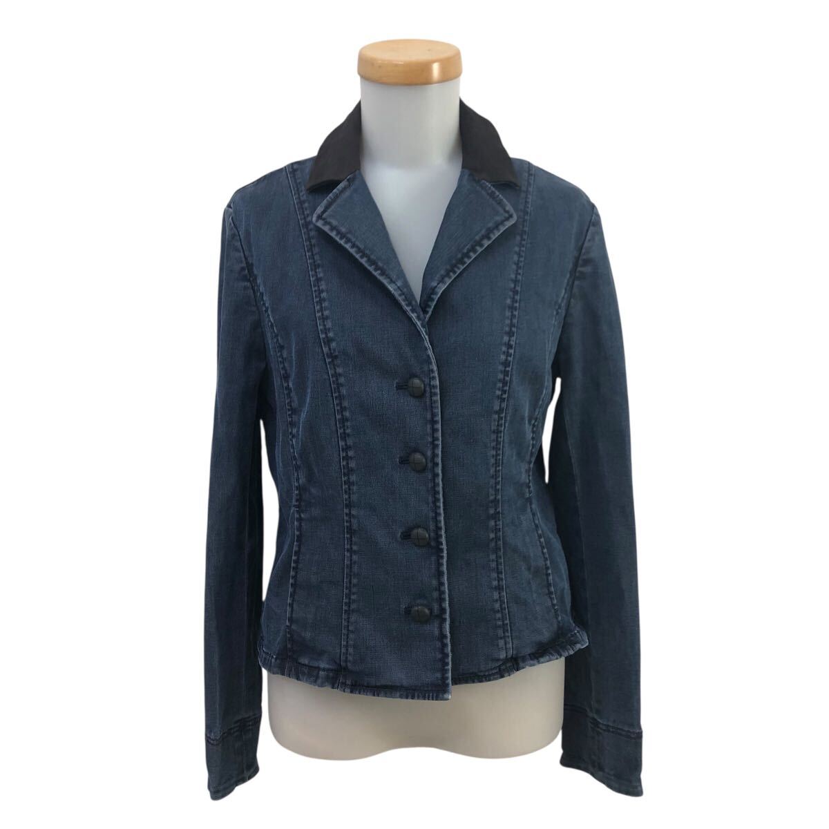 11Nm334-81 EVEX by KRIZIA エヴェックス バイ クリツィア ストレッチ デニム ジャケット レザー 本革 襟 アウター インディゴ 42拍卖