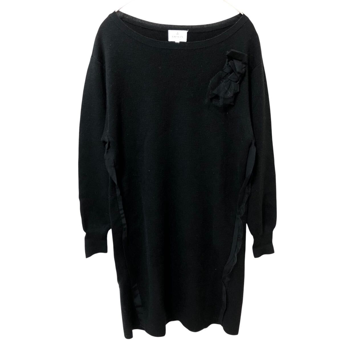11NG008-83 LANVIN en blue ランバン オン ブルー ワンピース ニット トップス フリル ブローチ レディース 38 ブラック拍卖