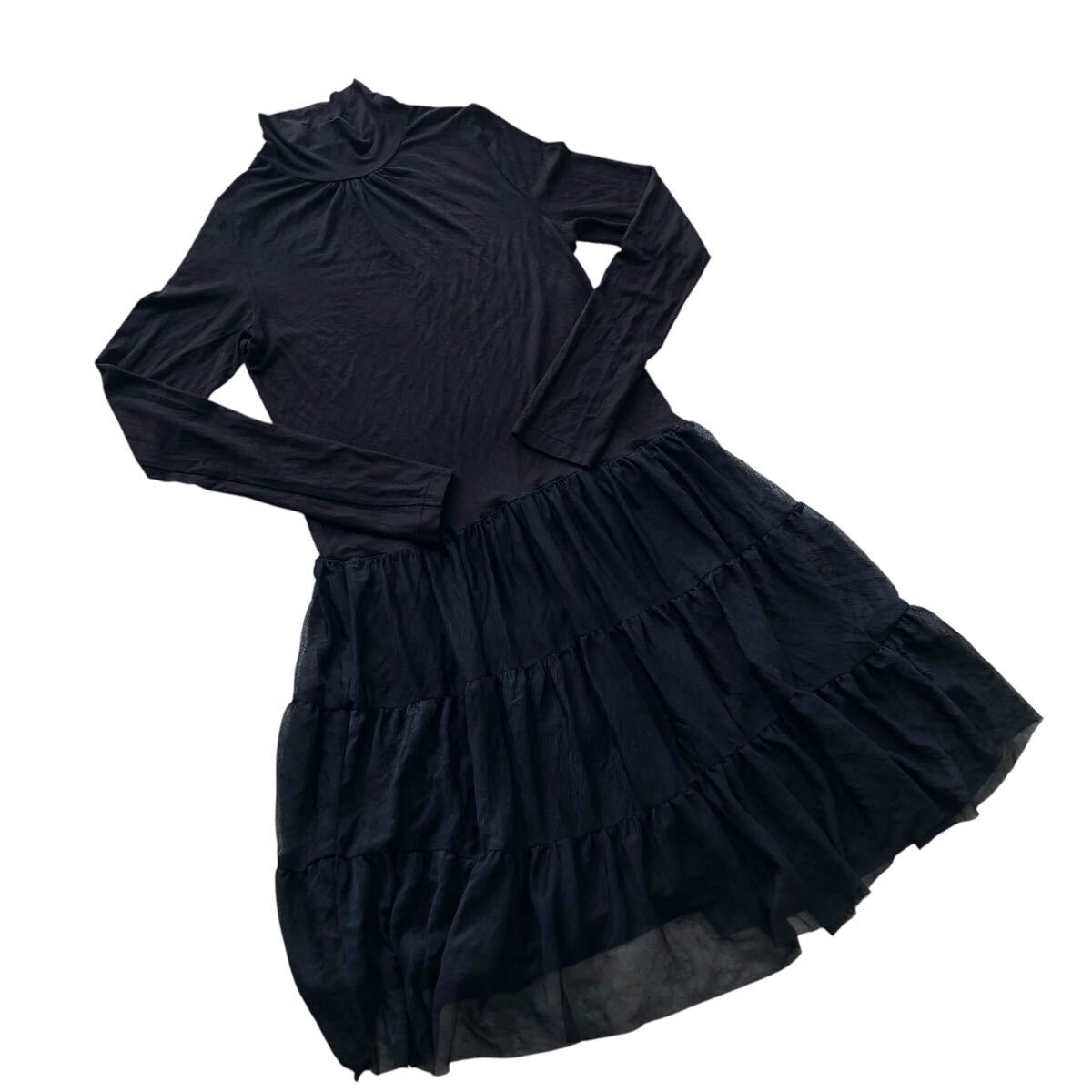 11NG010-26 Jocomomola ホコモモラ シビラ ワンピース タートルネック 長袖 レース ギャザー レディース 40 L相当 ブラック 黒拍卖