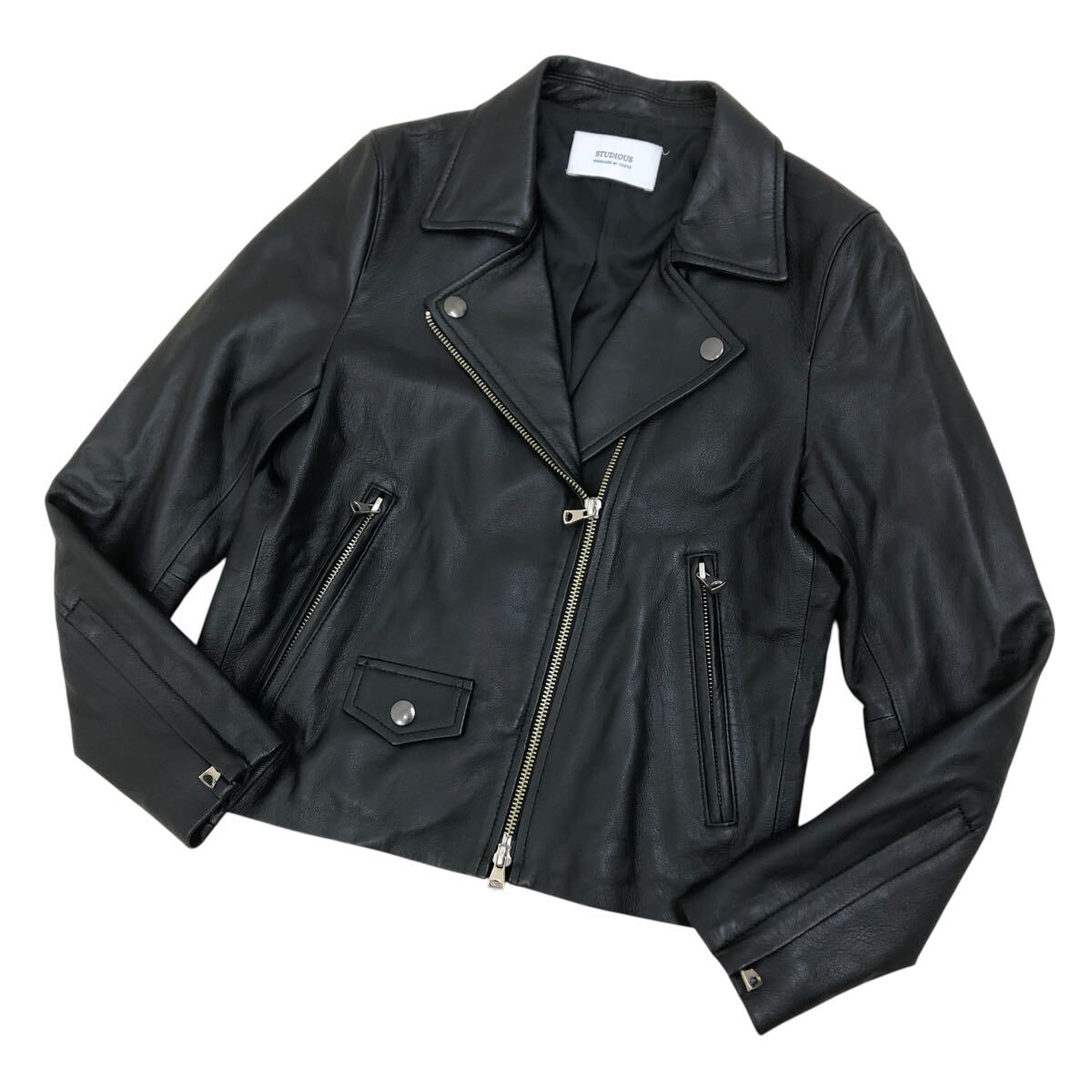 11K345-64 STUDIOUS ステュディオス レザー 本革 羊革 ライダース ジャケット 上着 羽織り 黒 レディース 女性用 0拍卖