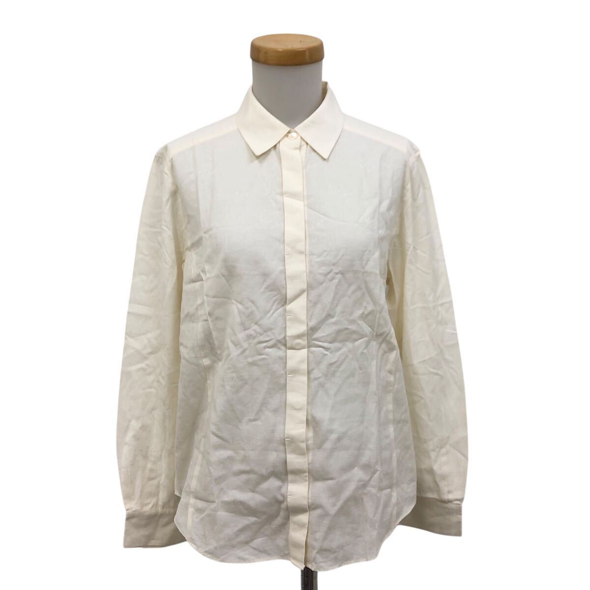 Nm341-61 EVEX by KRIZIA エヴェックス バイ クリツィア ロゴ ジャガード 長袖 比翼 シャツ ブラウス コットン ストレッチ アイボリー系 40拍卖