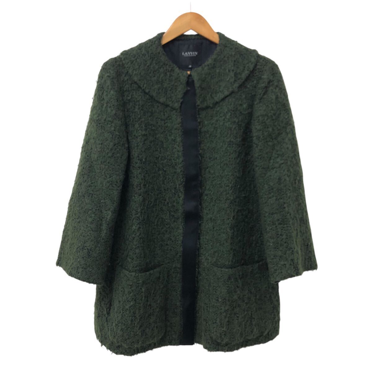 11m681-49 LANVIN COLLECTION ランバンコレクション 襟 デザイン モヘヤ コート 上着 羽織り アウター グリーン系 レディース 40 日本製拍卖