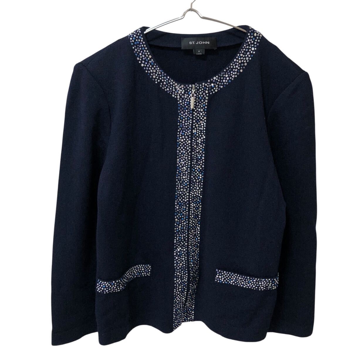 11NG014-16 ST.JOHN セント・ジョン トップス ニット ノーカラー ラインストーン フルジッパー カーディガン レディース S ネイビー 紺拍卖