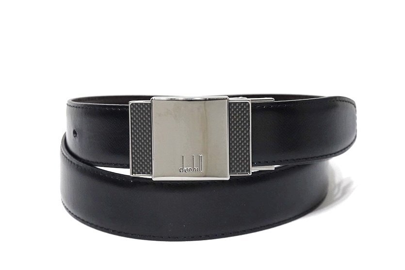 定価3.5万 美品 dunhill ダンヒル ロゴスクエアプレート カウハイドレザー ベルト ブラック×ダークブラウン メンズ ウエスト最長89.5cm拍卖