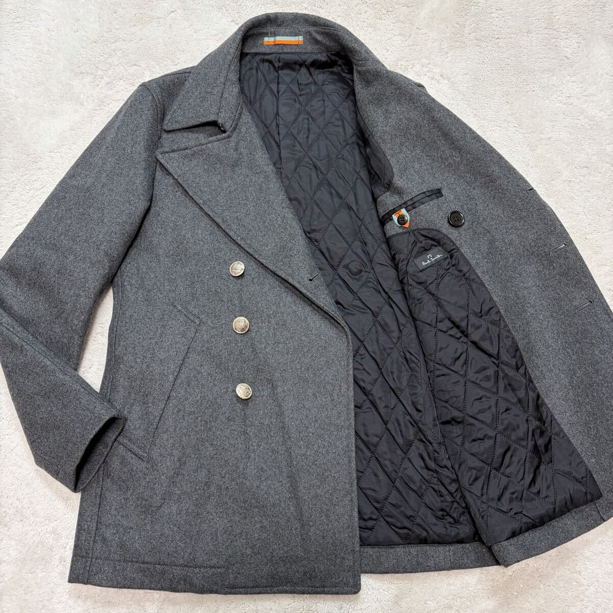 極美品/カシミヤ使用!●ポールスミス Paul Smith ピーコート 銀ボタン キルティング 中綿 ナポレオンコート グレー ジャケット アウター M拍卖