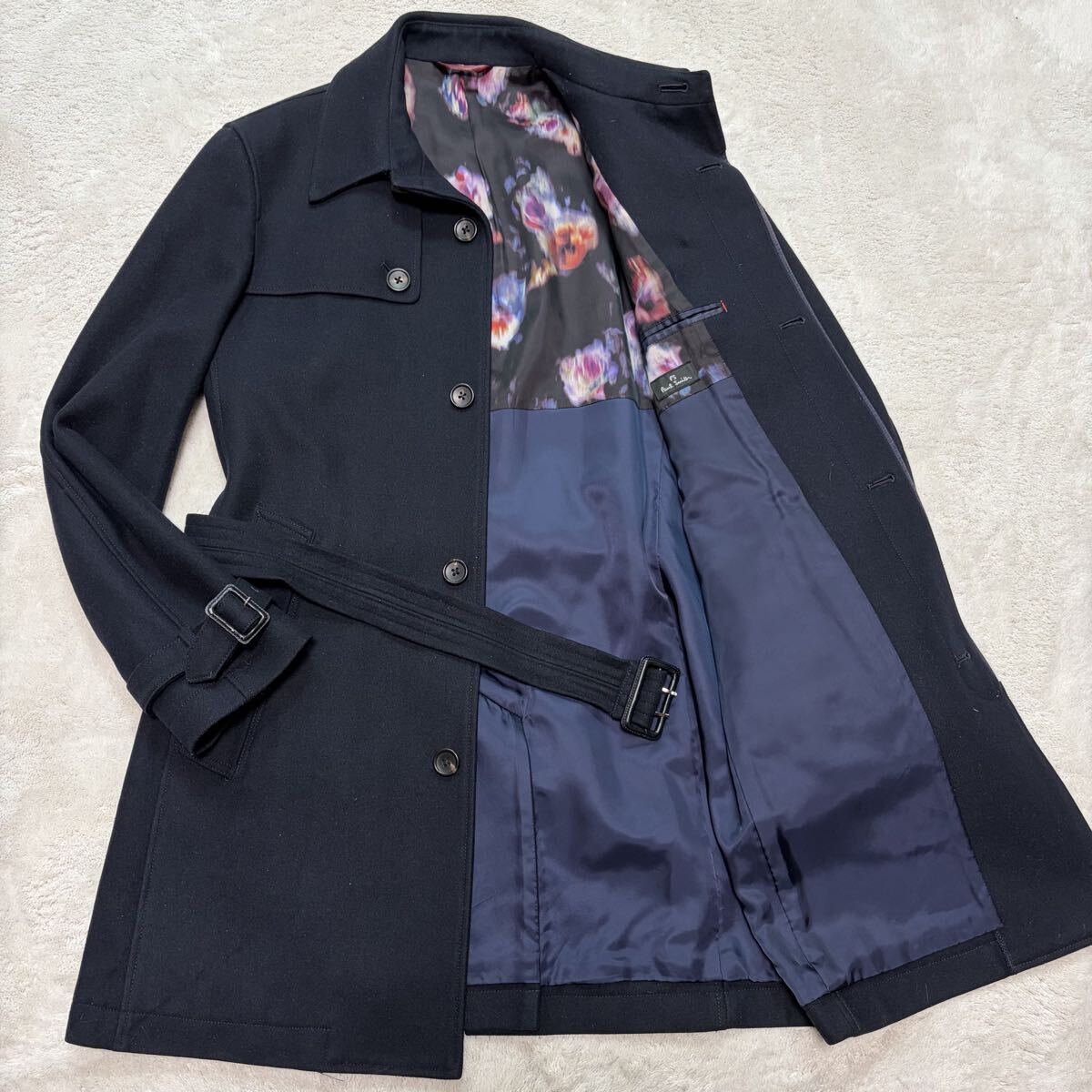 極美品!/カシミヤ使用!/Lサイズ●ポールスミス Paul Smith ステンカラーコート 裏地花柄 ウール ネイビー ベルト付き ビジネス アウター拍卖
