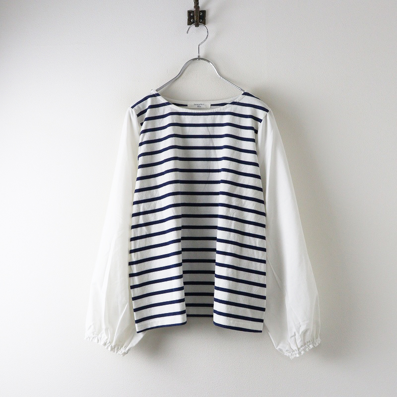 サマンサモスモスブルー Samansa Mos2 blue SM2 異素材切替ボーダーカットソー F‖ホワイト×ネイビー トップス ブラウス【2400014678529】拍卖