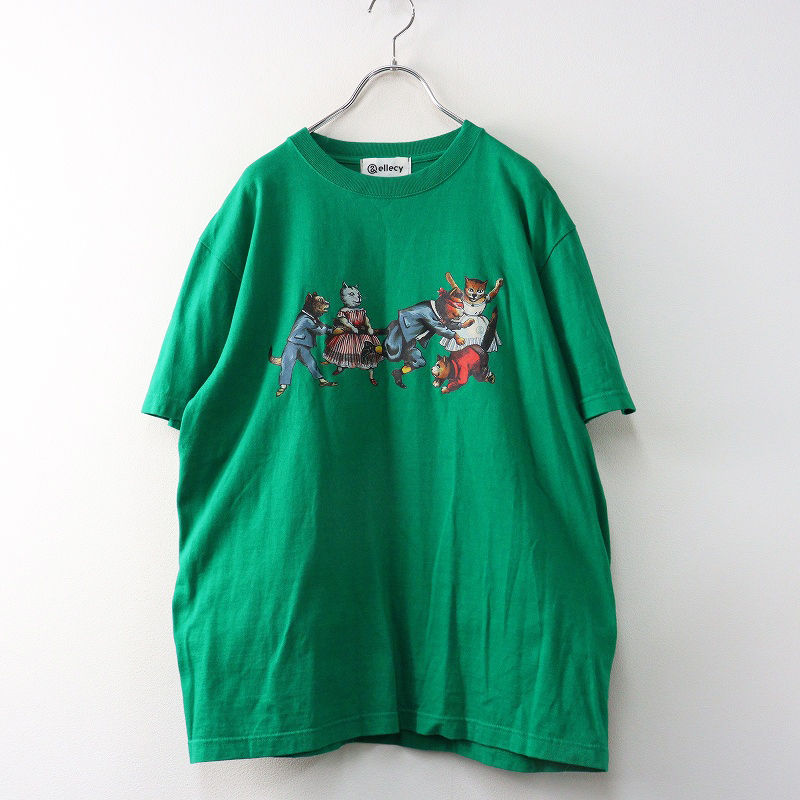 アンドエルシー &ellecy Lois CRAYON ネコプリント 半袖Tシャツ M グリーン┃ねこ 猫 ビッグシルエット【2400014716368】拍卖