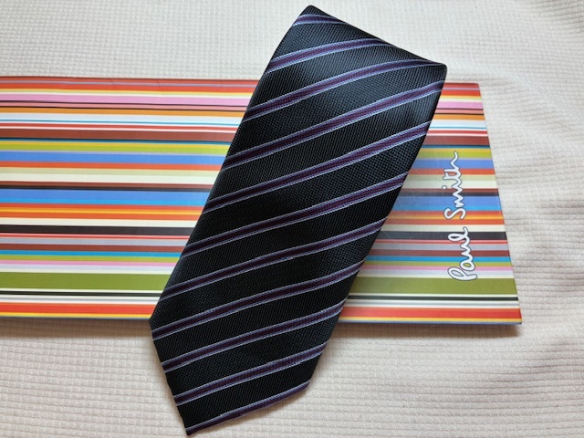 Paul Smith ポールスミスMade in Italy ネクタイ黒エンジストライプ柄シルク100拍卖