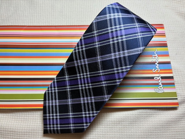 Paul Smith ポールスミスMade in Italy ネクタイ黒明るい紫チェック柄シルク100拍卖