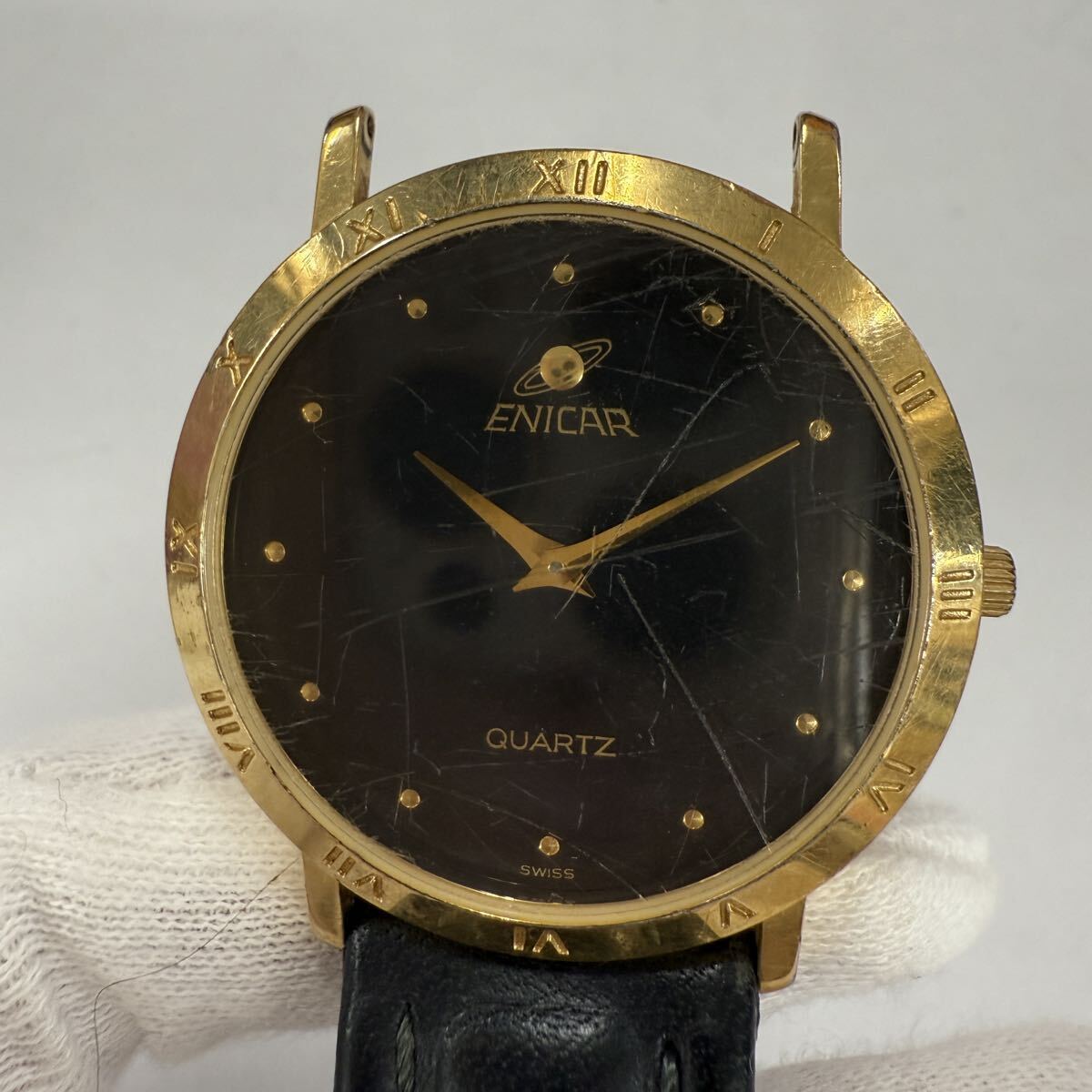 ▽1円〜 ENICAR エニカ クォーツ 腕時計 579.547M ブラック文字盤 現状不動品 ジャンク KB2508拍卖