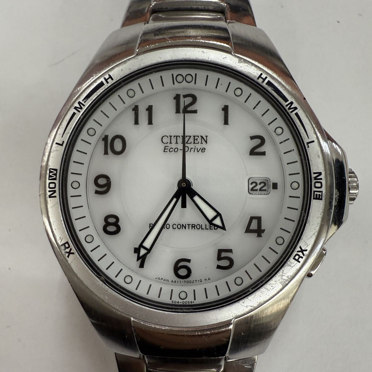 ▽1円〜 CITIZEN Eco-Drive シチズン エコドライブ A411-T001521 メンズ 腕時計 電波ソーラー ホワイト文字盤 現状不動品 KB2510拍卖