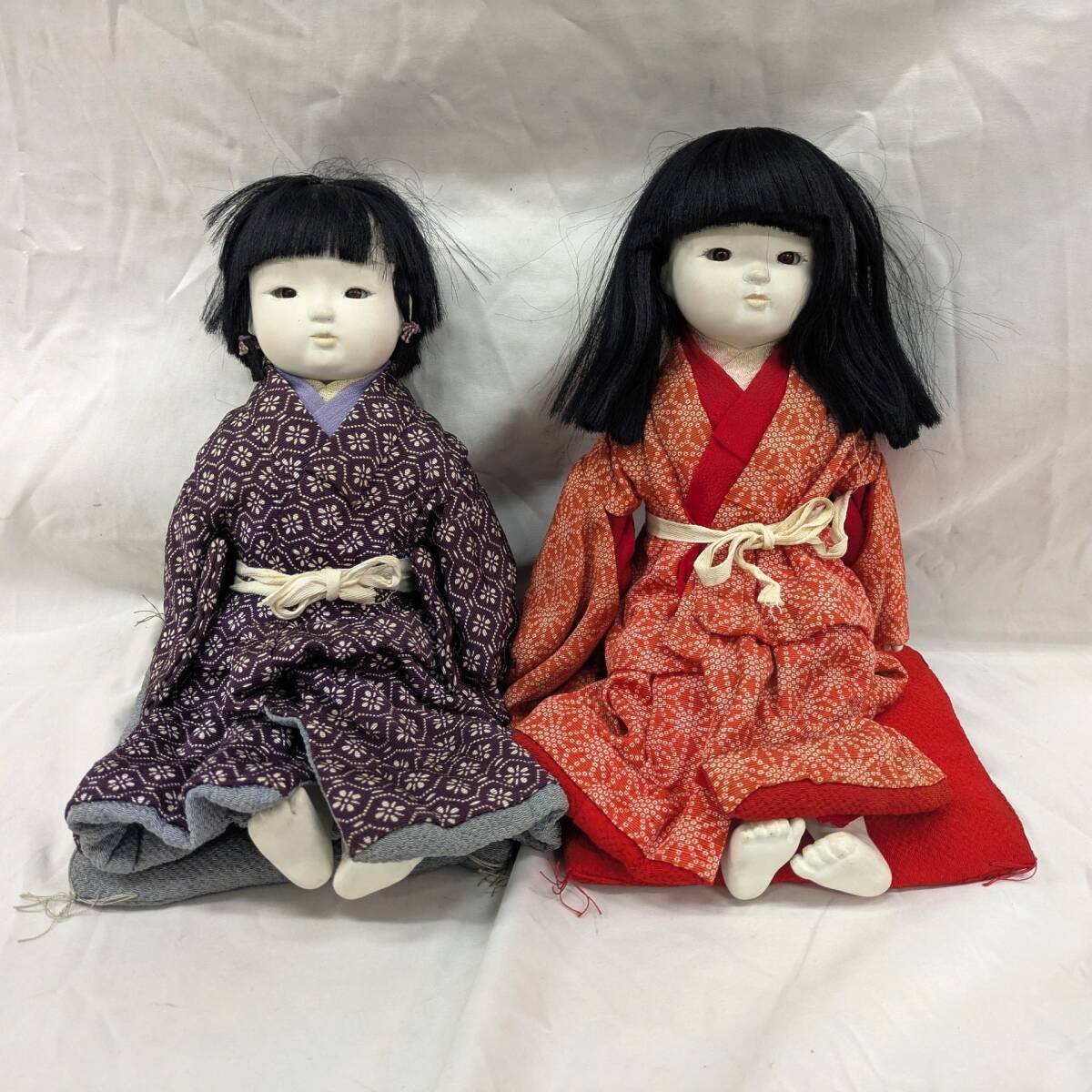 O3)野崎芳寿? 市松人形 座布団 お座り 男の子 女の子 ペア 正絹? 工芸品 約30cm拍卖