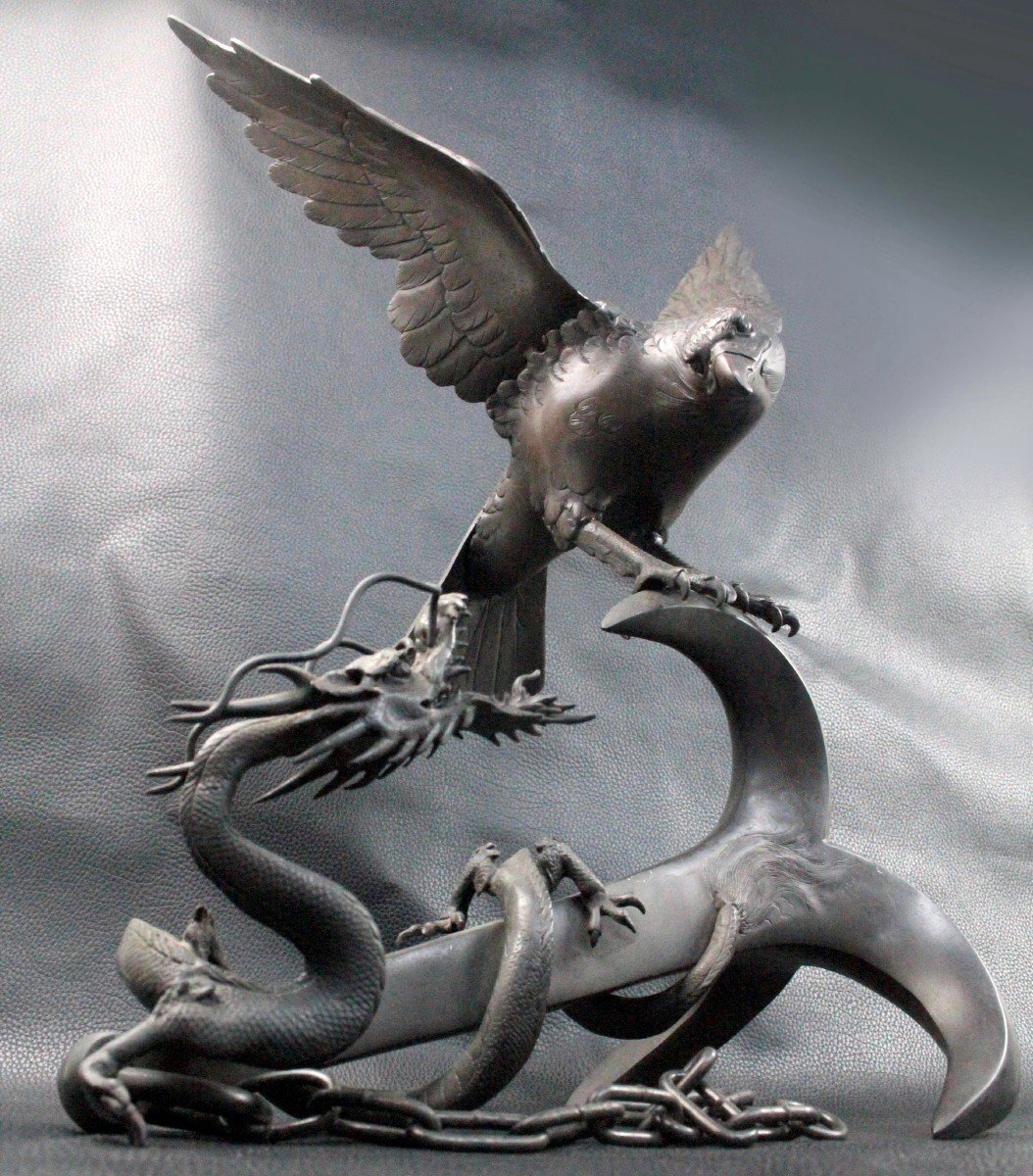 錨に鷹巻き龍 詳細不明 錨 鷹 龍 ブロンズ像 銅像 干支 龍 辰 置物 金属工芸 金工 骨董品 レトロ アンティーク コレクター拍卖