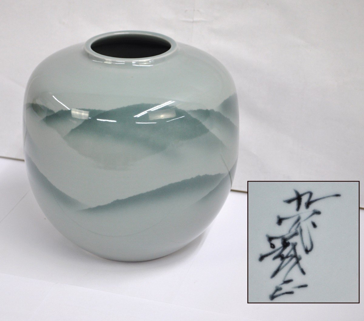 九谷焼 山上義正 九谷義正 青磁 花瓶 連山 花器 花入れ 飾り 壺 装飾 インテリア 小物 工芸品 ヴィンテージ 骨董品 コレクション拍卖