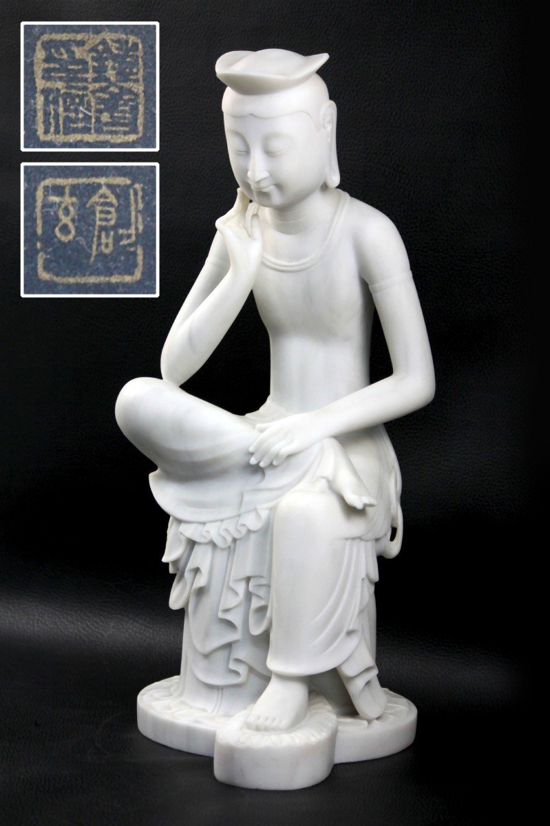 【創玄】大理石弥勒菩薩半跏像 弥勒菩薩 像 全高52cm 約20kg 美術 仏教美術 仏像 芸術 工芸 置物 インテリア拍卖