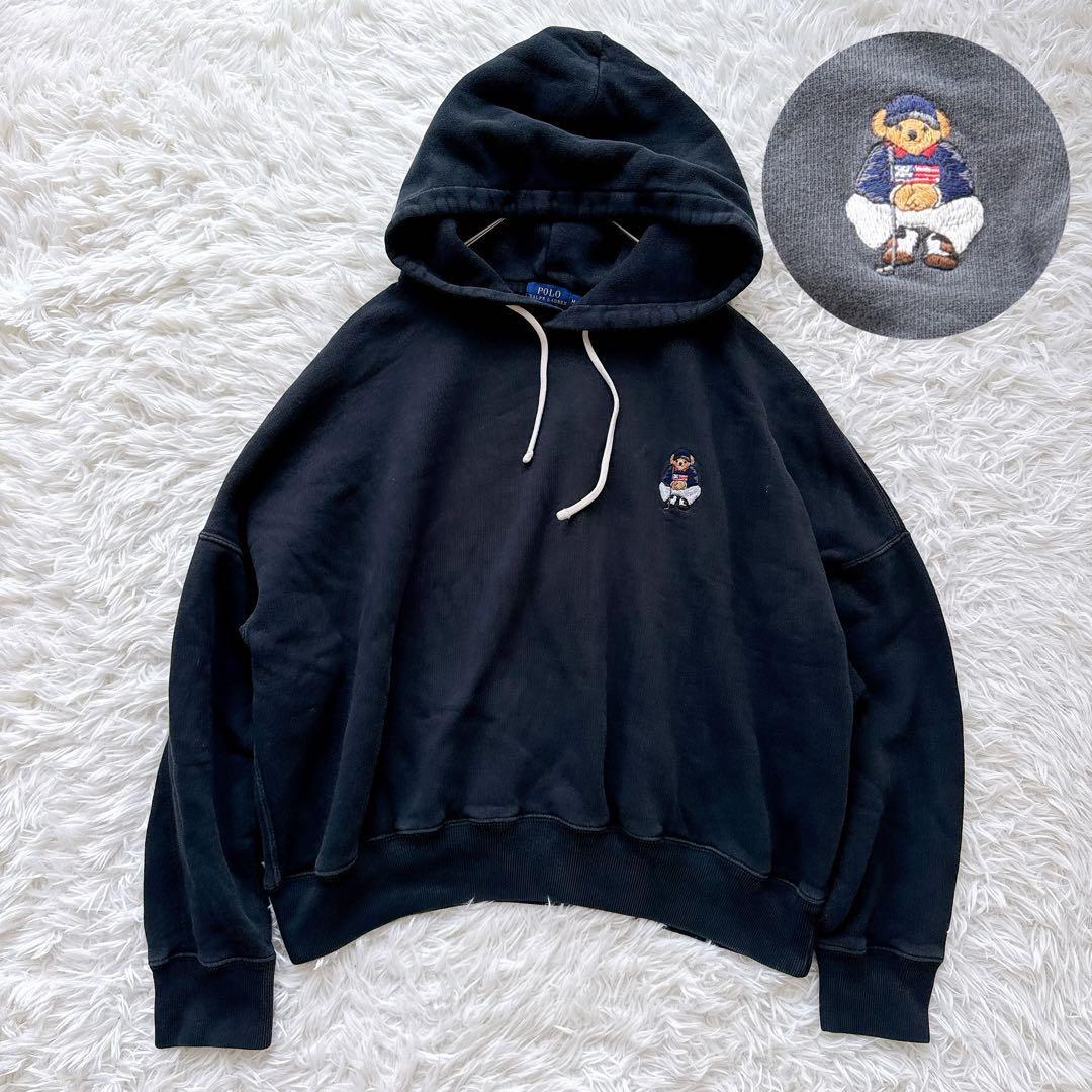 POLO RALPH LAUREN ポロラルフローレン ポロベア刺繍 パーカー スウェットフーディ 星条旗 ゴルフベア フラッグ レディース Mサイズ拍卖