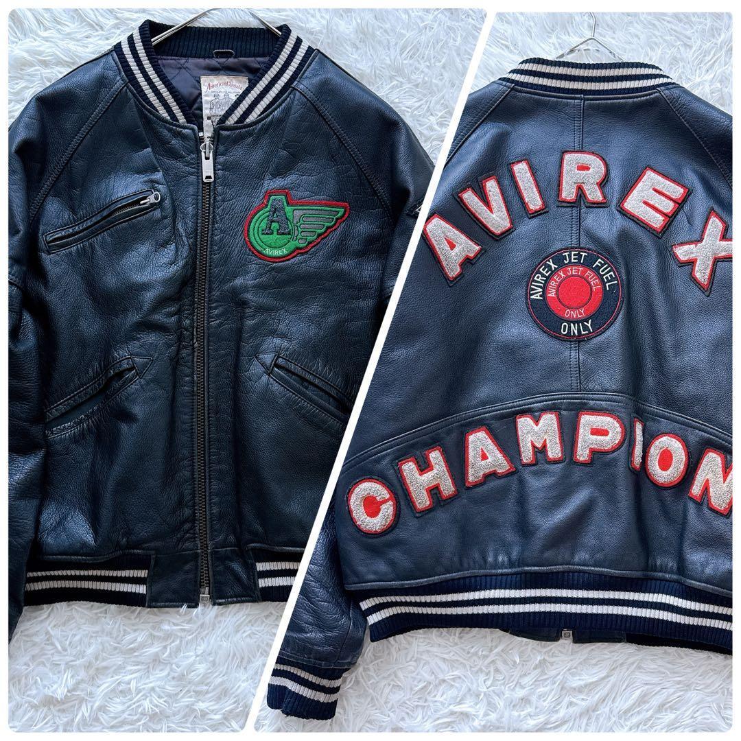 Lサイズ 80s ヴィンテージ AVIREX アヴィレックス オールレザースタジャン CHAMPIONS 刺繍ロゴ アーチロゴ ブラック ワッペン アウター拍卖