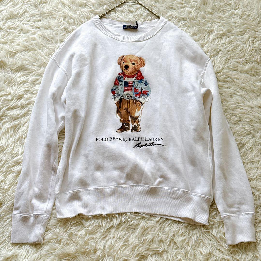 POLO RALPH LAUREN ポロラルフローレン デニム星条旗 ポロベア スウェット ビジュー付き レディースMサイズ 裏起毛 トレーナー ホワイト 白拍卖