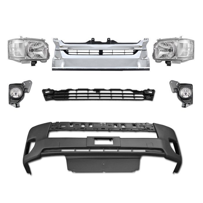 200系 ハイエース 4型 ワイド フロント 7点 フェイス チェンジ Ver,1 ハロゲン H4ヘッドライト グリル バンパー セット拍卖
