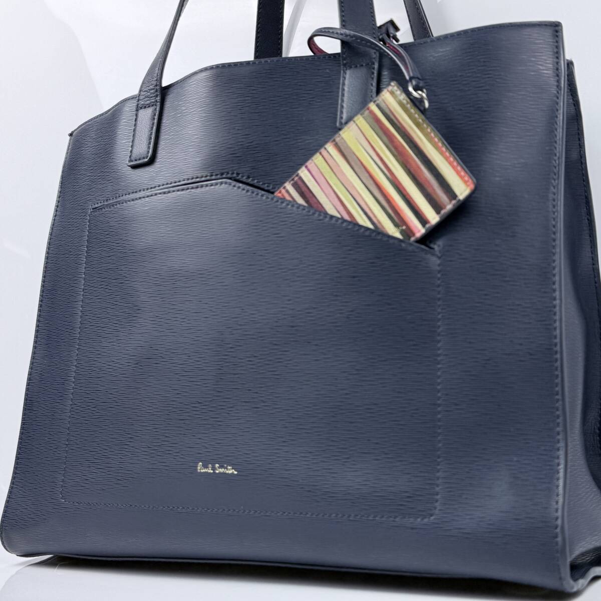 美品 Paul Smith ポールスミス 3室 ビジネス トートバッグ ブリーフケース A4◎ ショルダー バック 肩掛け メンズ ストライプ ネイビー拍卖