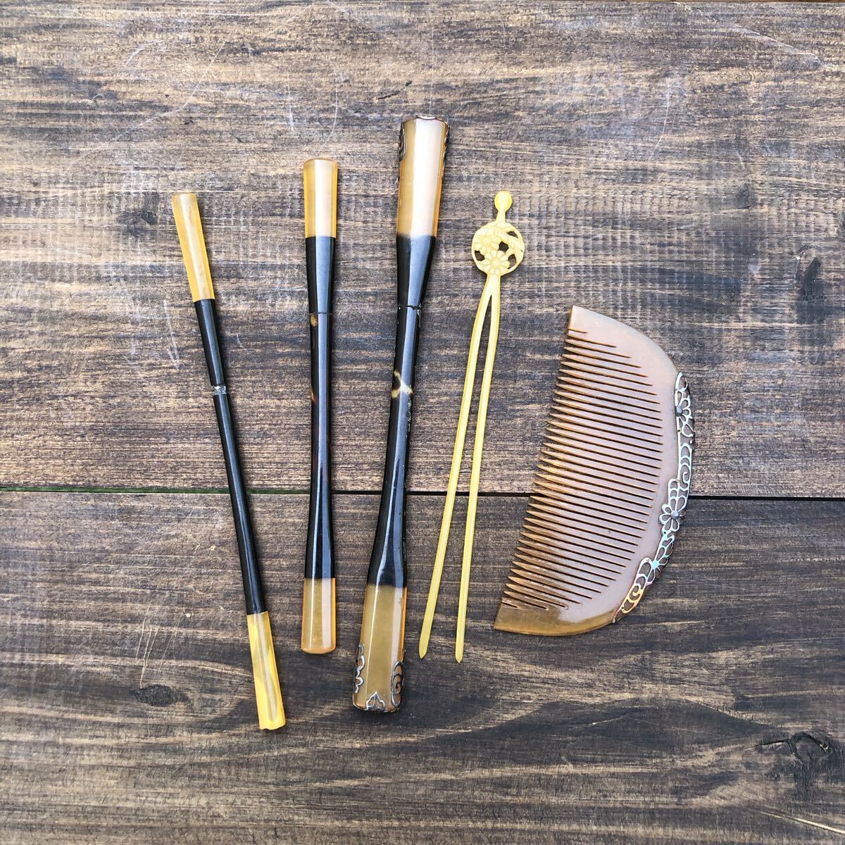 【簪&櫛セット べっ甲】金属花模様 和装小物 髪飾り かんざし コーム レトロ 骨董 着物 べっこう くし 花彫金細工 日本 昭和レトロ 拍卖