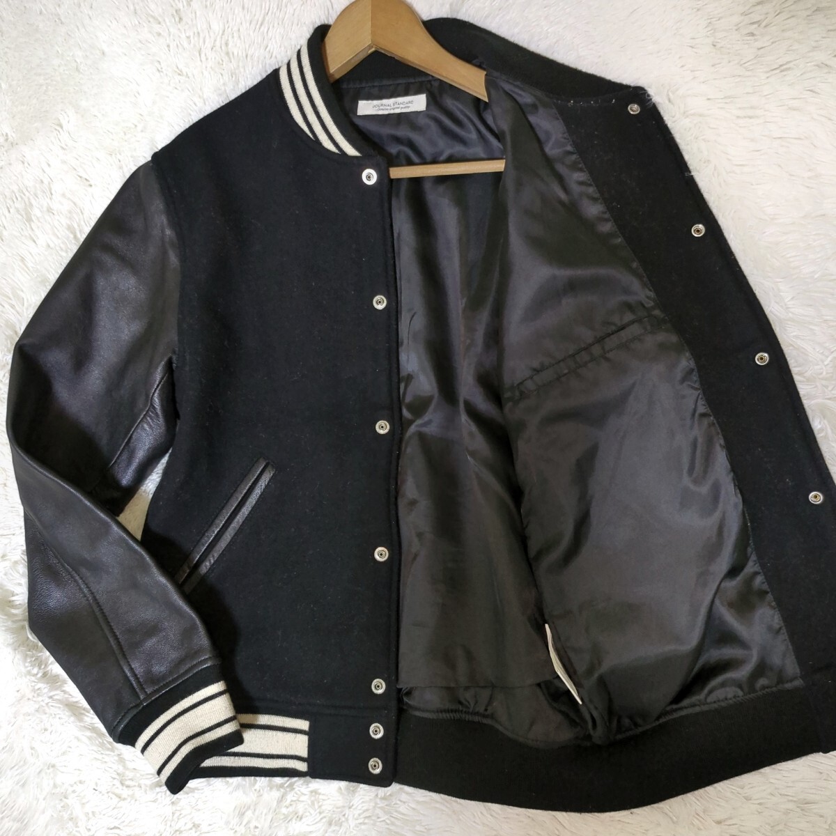 希少L JOURNAL STANDARD/ジャーナルスタンダード 本革 羊革 シープスキン レザー 袖 スタジャン/ジャケット/ジャンパー/ ブラック メンズ拍卖