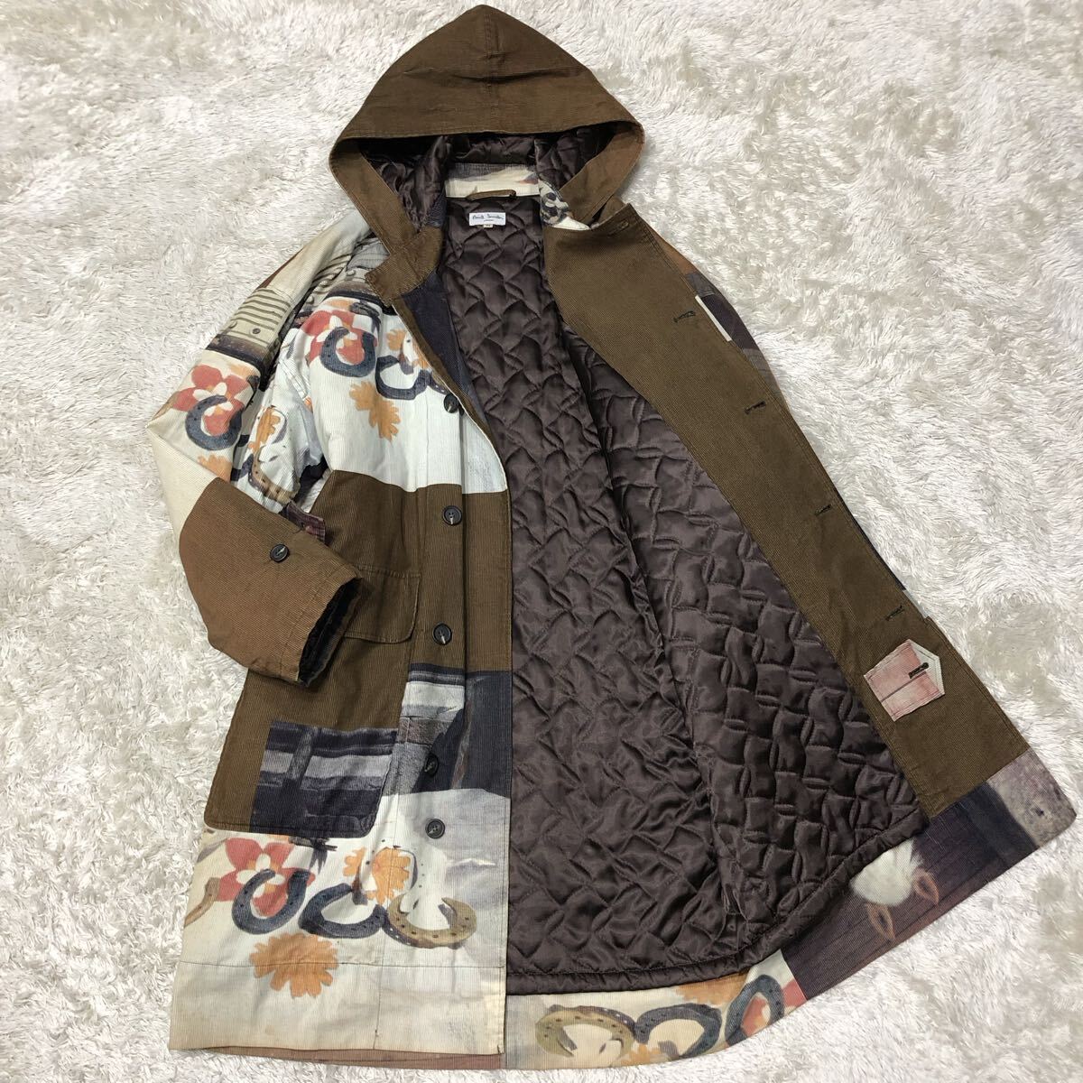 ポールスミス【二度と出会えない逸品】PaulSmith コーデュロイ フーデットコート 総柄 奇抜デザイン柄 キルティング裏地 ロング丈 秋冬 M拍卖