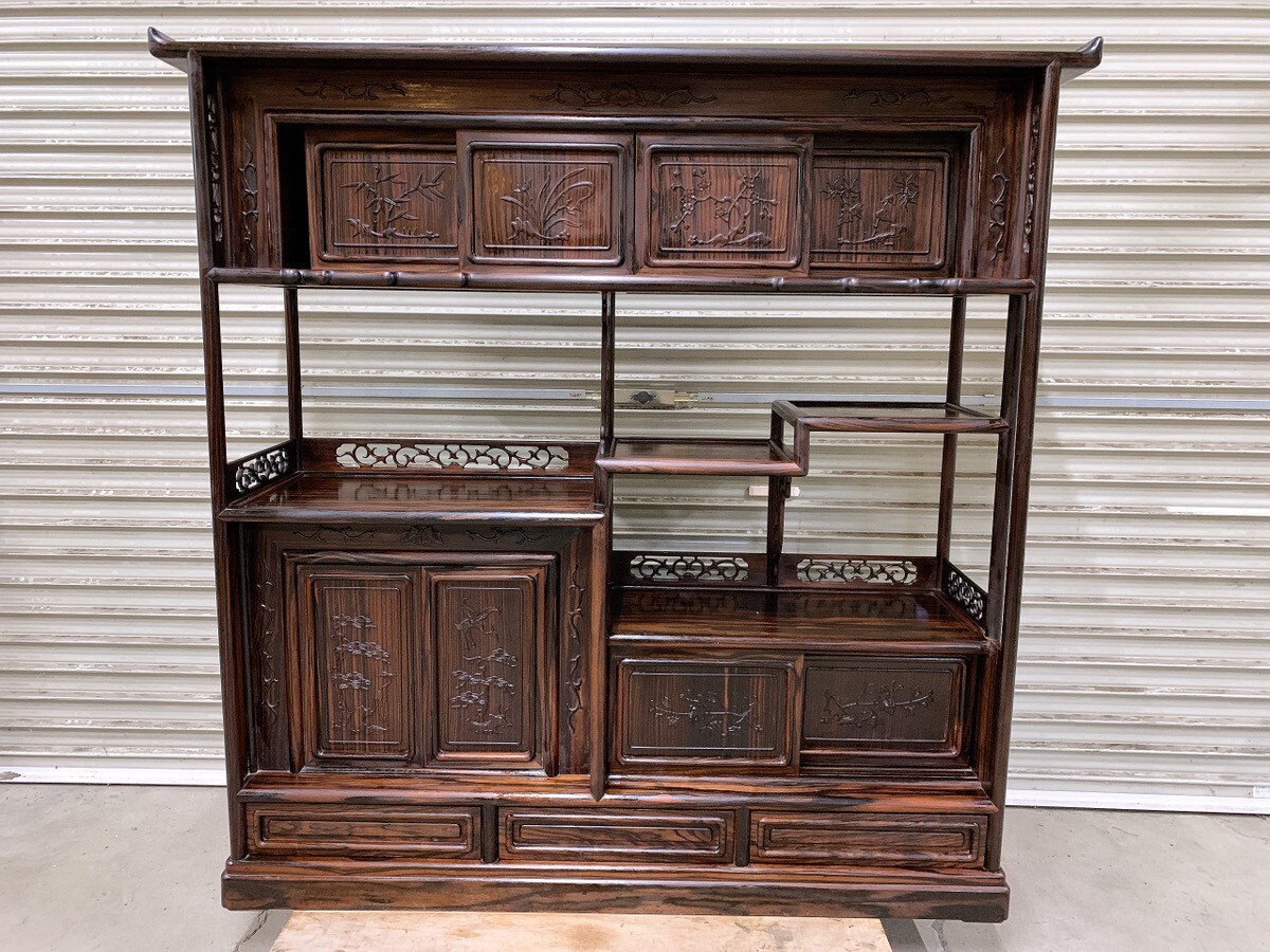 中古 茶箪笥 幅1290×奥行370×高さ1300mm 透かし彫り 飾り棚 茶棚 和箪笥 アンティーク レトロ インテリア 引取歓迎 茨城県 1104こ1 M 家D拍卖