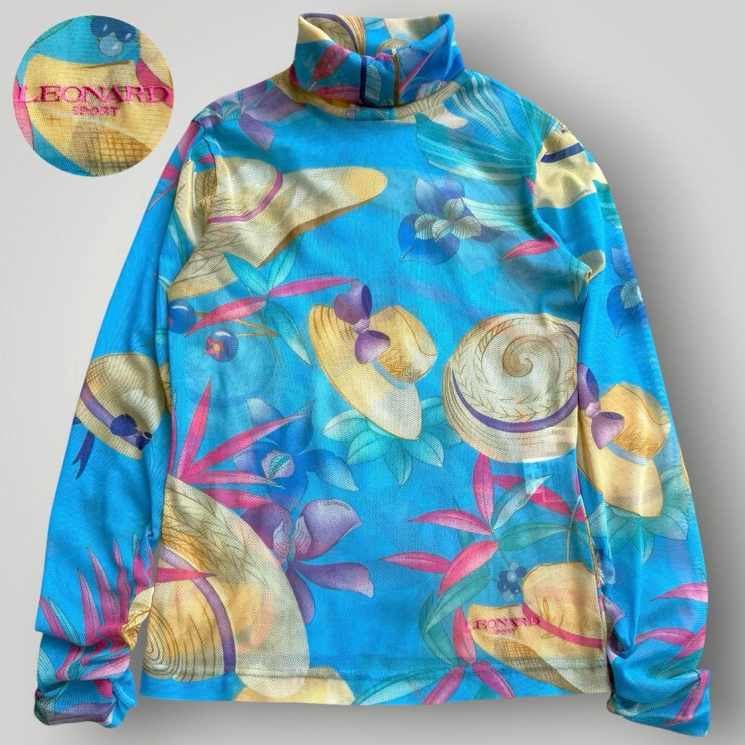 美品☆LEONARD SPORT レオナールスポーツ シースルー トリム ロゴ刺繍 トップス ハット 帽子柄 花柄 トリム 袖ギャザー 40拍卖